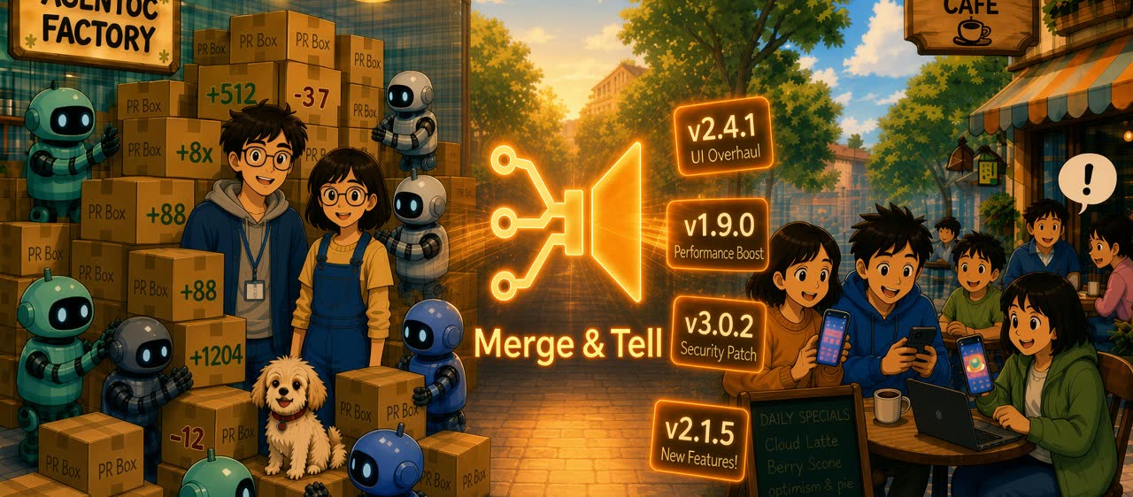 The same factory and cafe, with the Merge & Tell logo bridging them in orange light while versioned product updates reach smiling customers