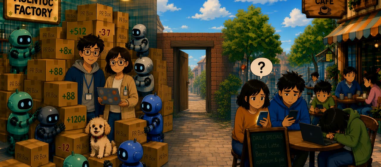 Illustrated nerdy factory of robots and engineers stacking pull-request boxes beside a sunny cafe of sad bored customers with phones and a laptop